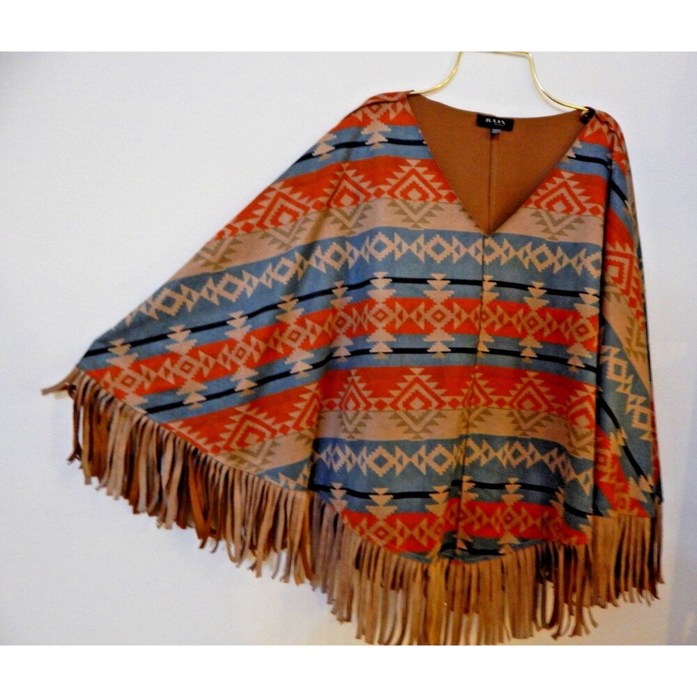Womens Julia Southwestern Boho Chamois Poncho Fringe One Size EUC